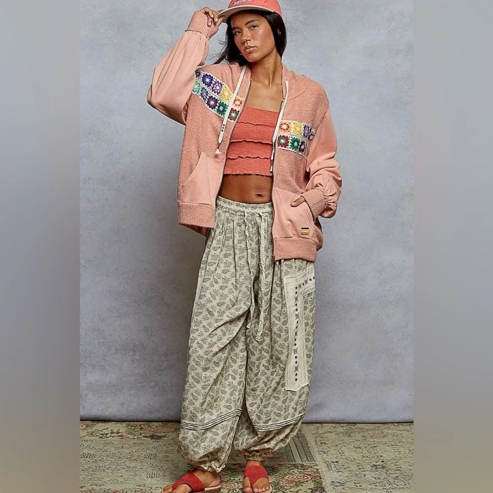 POL NWT Boho Granny Square Crochet Oversized Zip Hoodie L Vintage Wash Peach - Picture 2 of 16